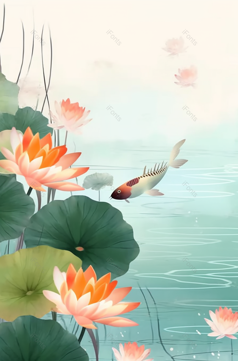 国风凉爽夏天夏至荷花盛开绽放荷叶锦鲤游水,插画/手绘图,插画/手绘图库,插画/手绘图下载,插画/手绘